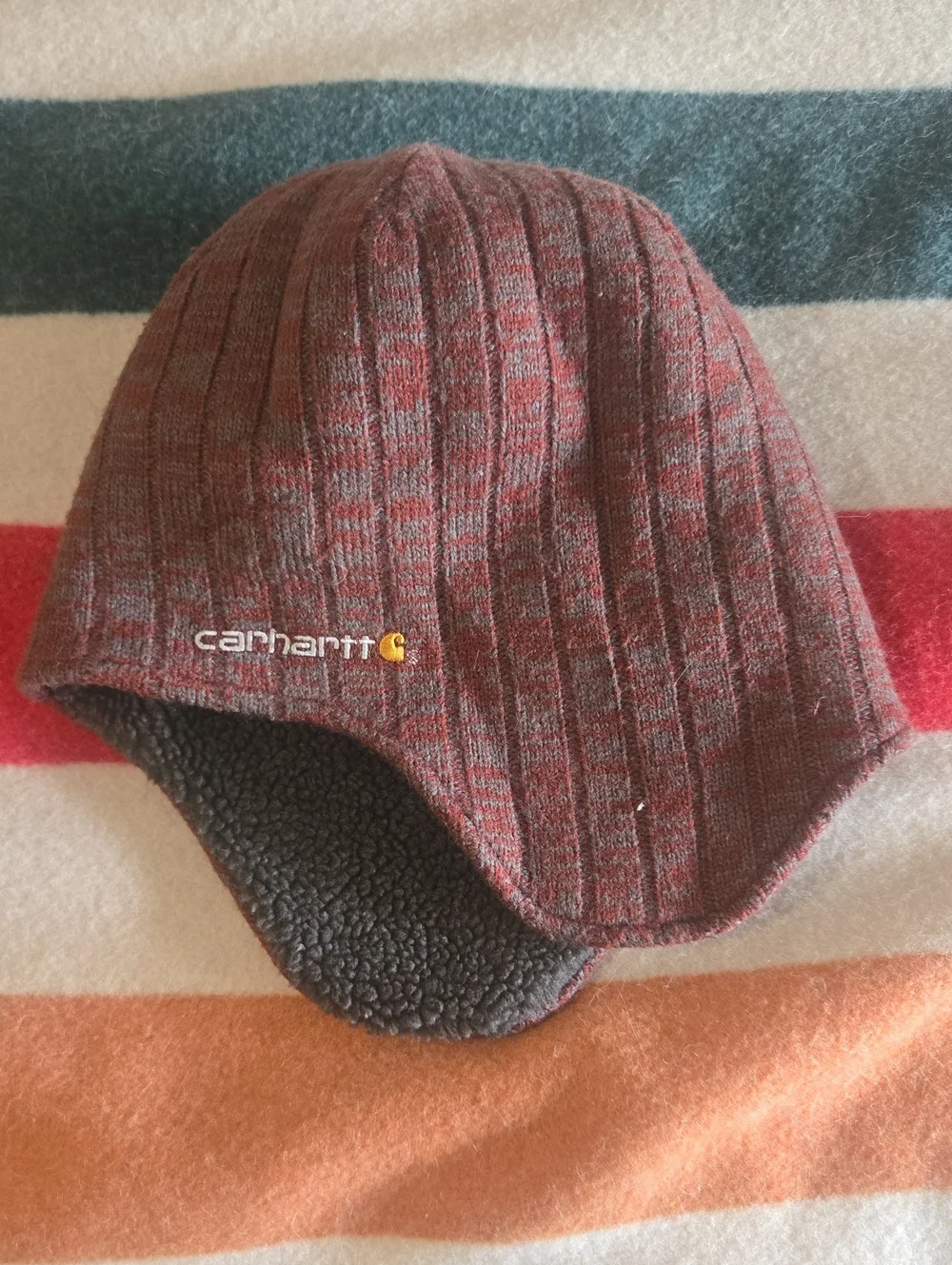 Carhartt Earflap Ribbed Fleece Lined Beanie in Maroon and Gray